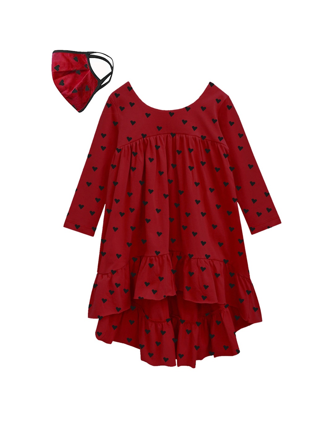 

A.T.U.N. Girls Maroon & Black Printed Pure Cotton A-Line Dress with Mask