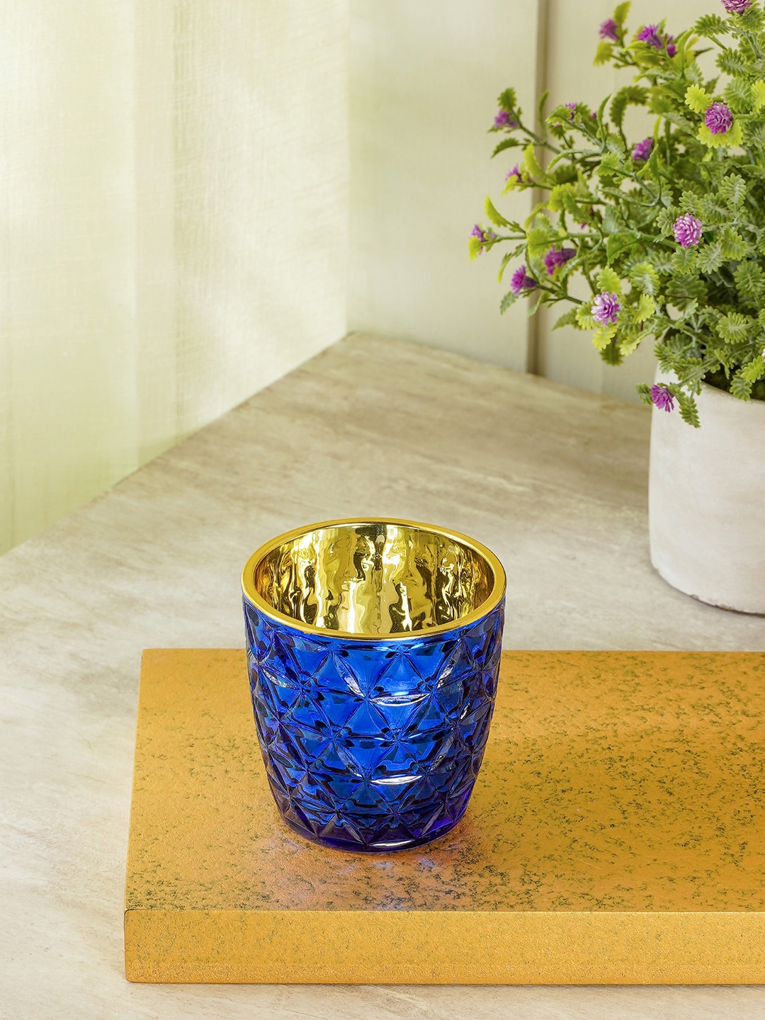 

Pure Home and Living Set Of 6 Blue & Gold-Toned Textured Votive Holders