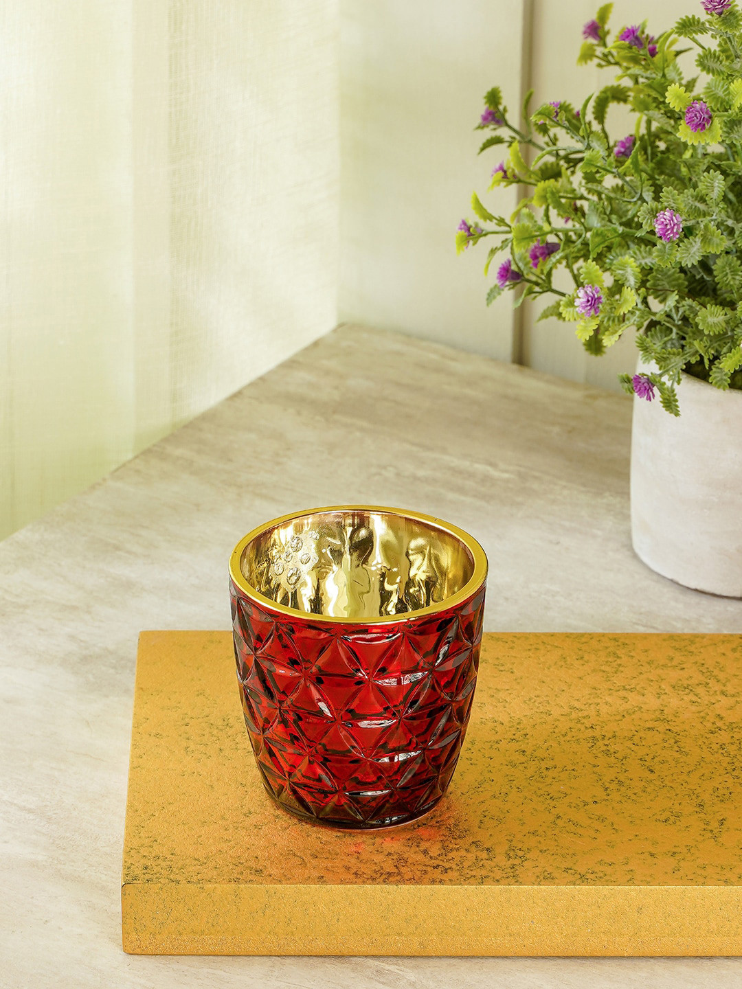 

Pure Home and Living Set Of 6 Red Solid Glazed Gold Votive Candle Holder
