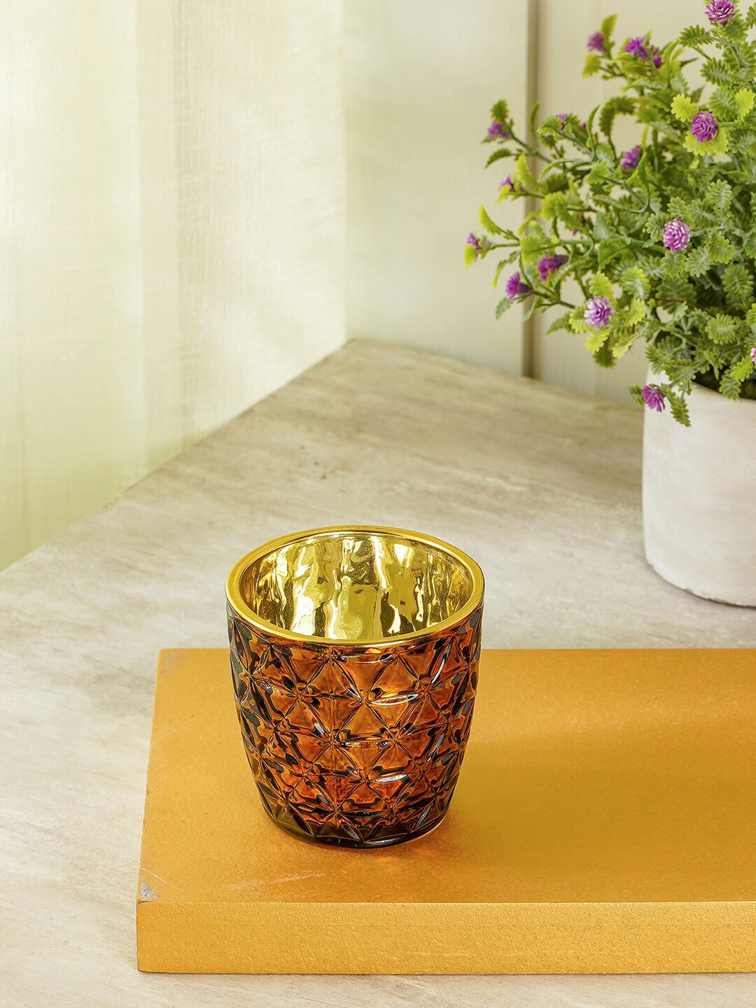 

Pure Home and Living Set Of 6 Gold-Toned Textured Glazed Glass Votive Candle Holders