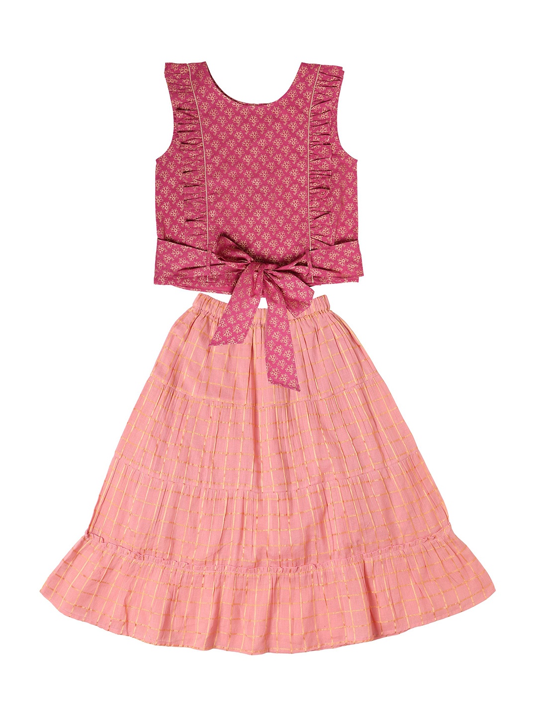 

My Little Lambs Girls Pink Checked & Printed Pure Cotton Top & Tiered Skirt