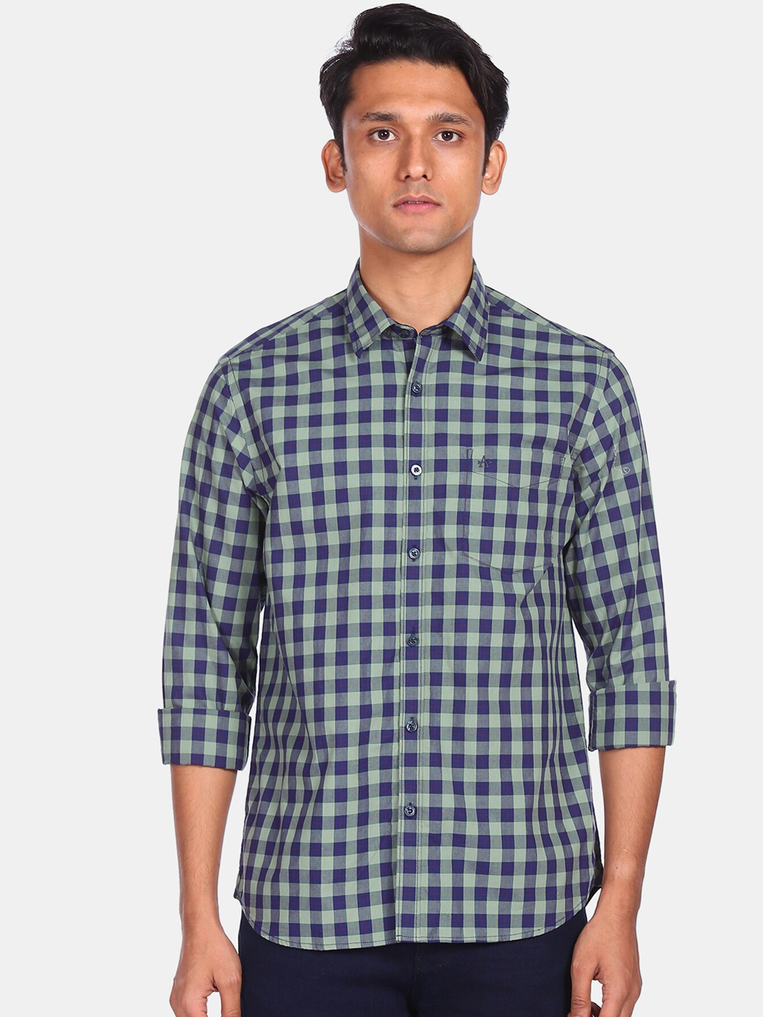 

Arrow Sport Men Green & Navy Blue Opaque Checked Cotton Casual Shirt