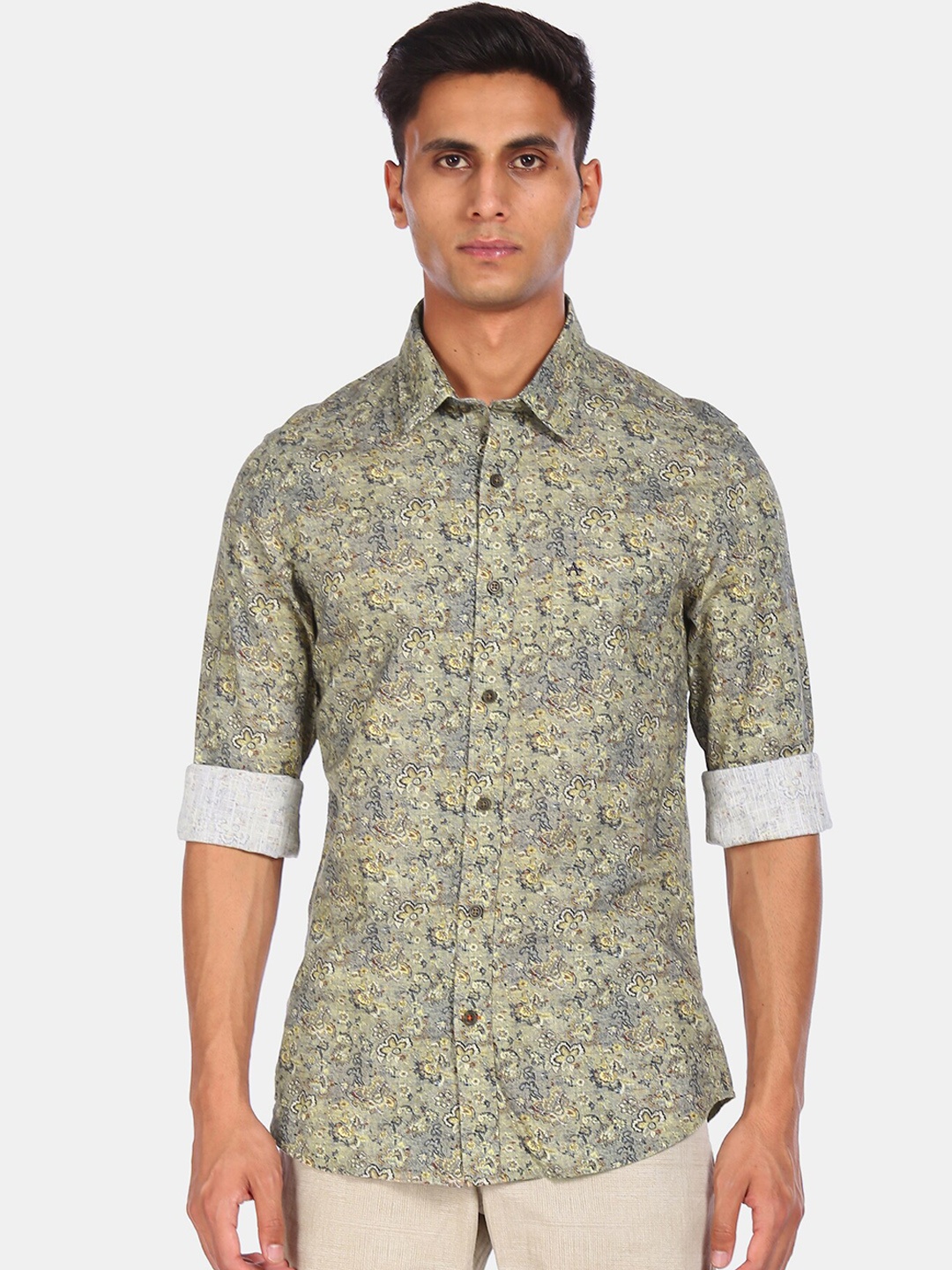

Arrow Sport Men Olive Green Floral Printed Cotton Casual Shirt