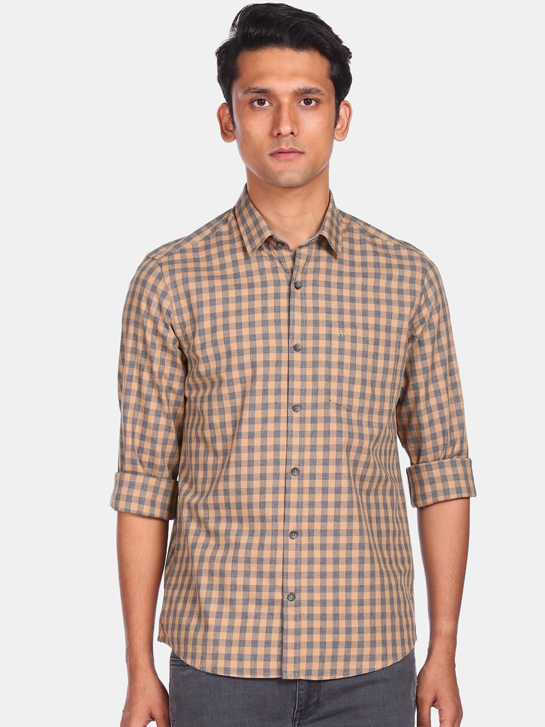 

Arrow Sport Men Brown & Navy Blue Opaque Checked Cotton Casual Shirt
