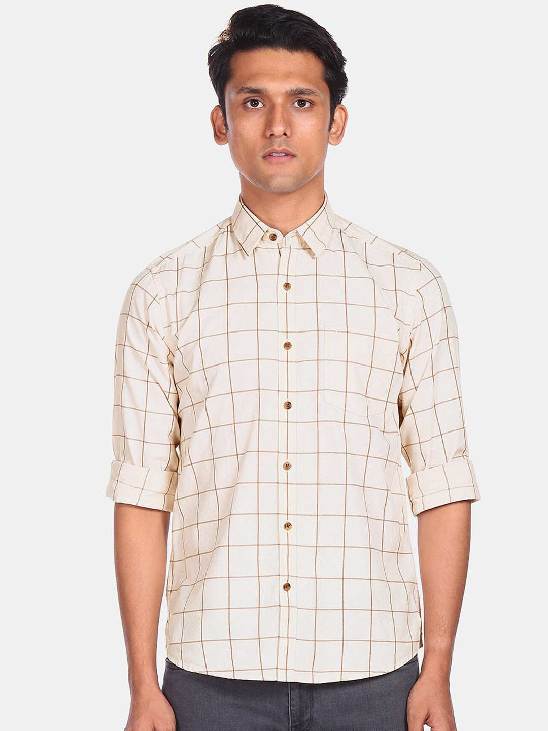 

Arrow Sport Men Beige Opaque Windowpane Checked Pure Cotton Casual Shirt