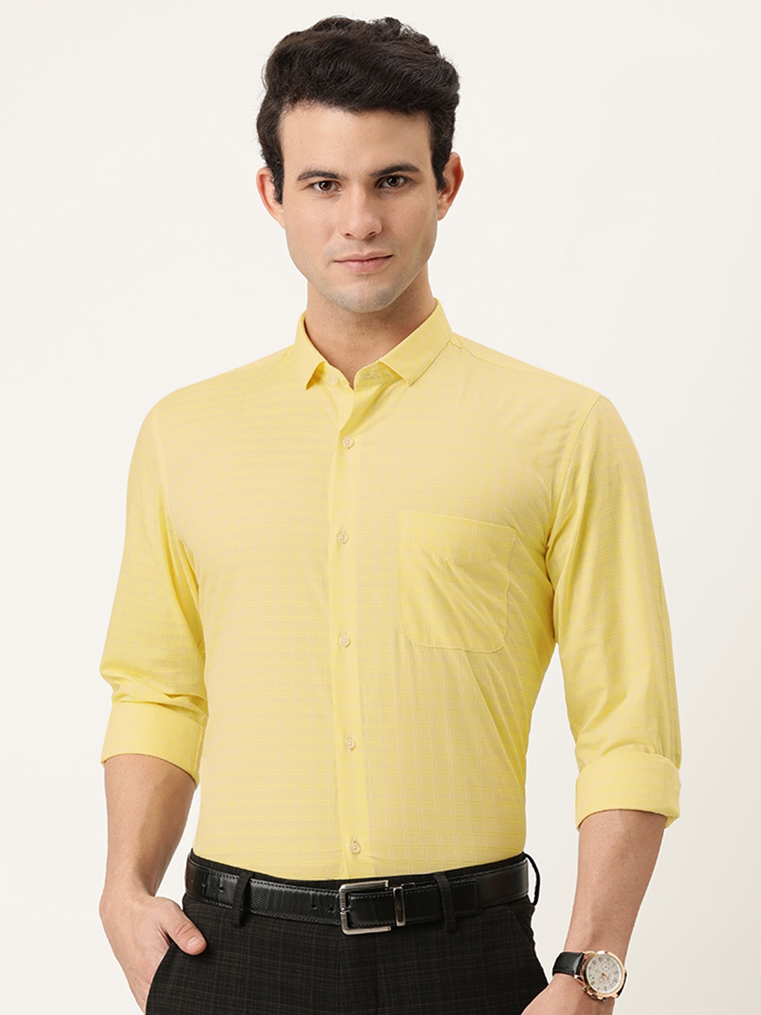 

Peter England Men Yellow Opaque Checked Formal Shirt