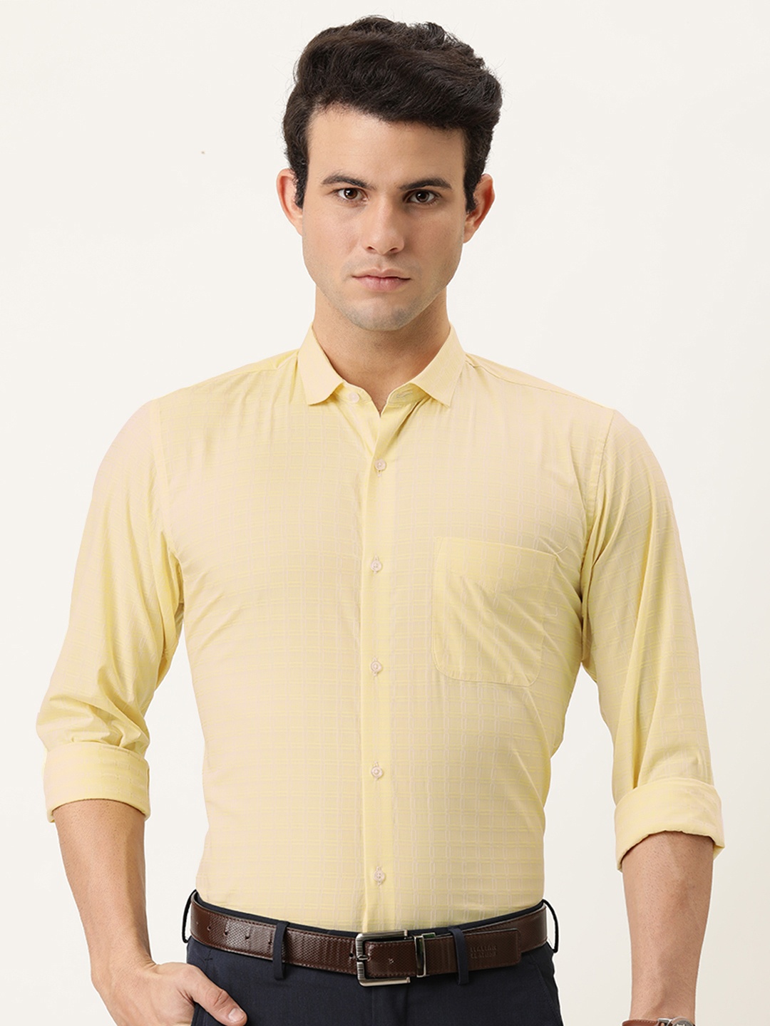 

Peter England Men Yellow Slim Fit Tartan Checks Opaque Checked Formal Shirt