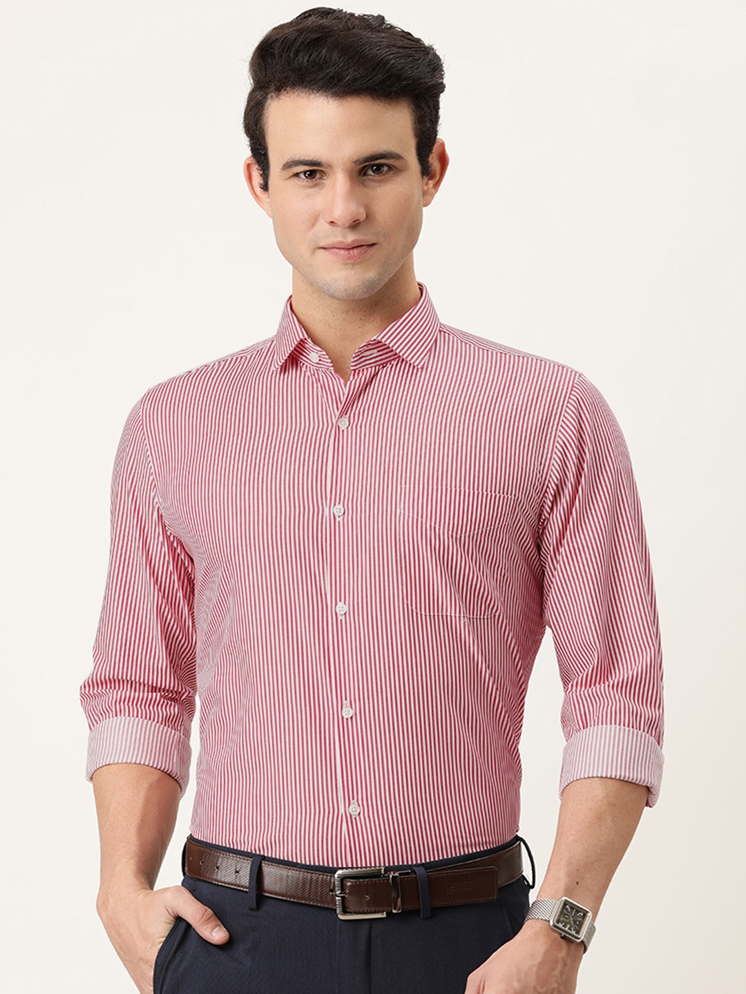 

Peter England Men Red Slim Fit Opaque Striped Formal Shirt