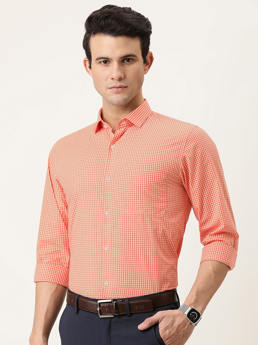 

Peter England Men Red Slim Fit Opaque Checked Formal Shirt