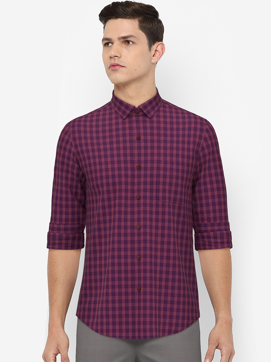 

Peter England Men Purple Checked Slim Fit Opaque Formal Shirt