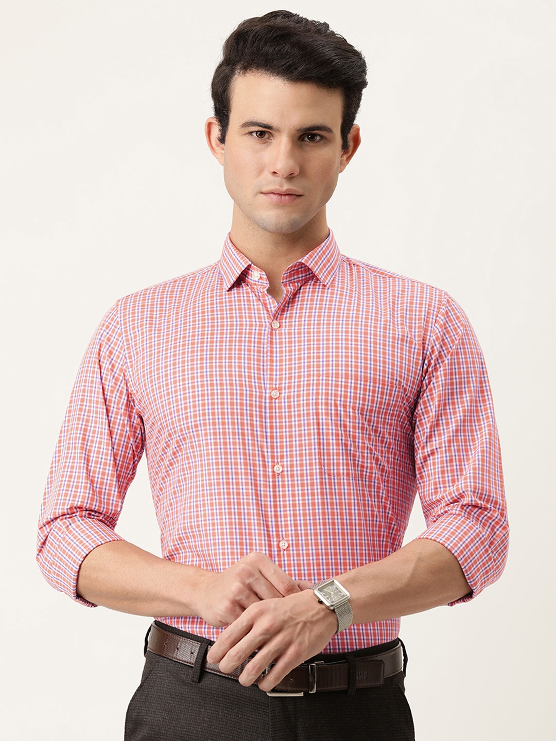 

Peter England Men Orange & White Checked Slim Fit Opaque Formal Shirt