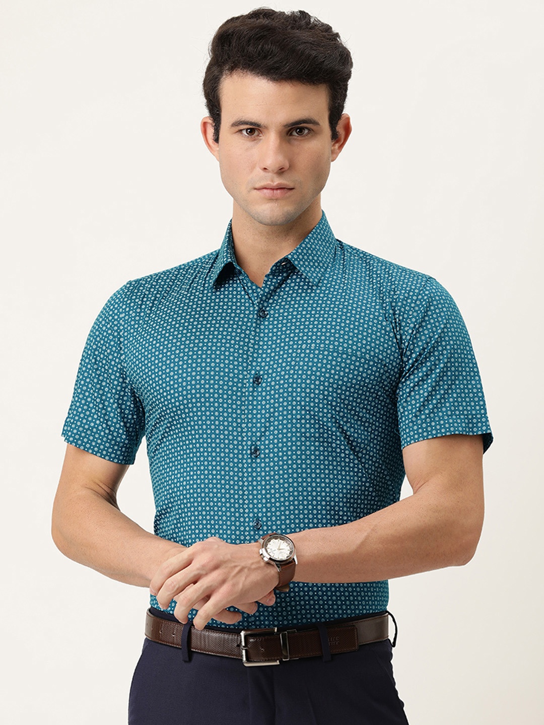 

Peter England Men Teal Blue Slim Fit Printed Cotton Formal Shirt
