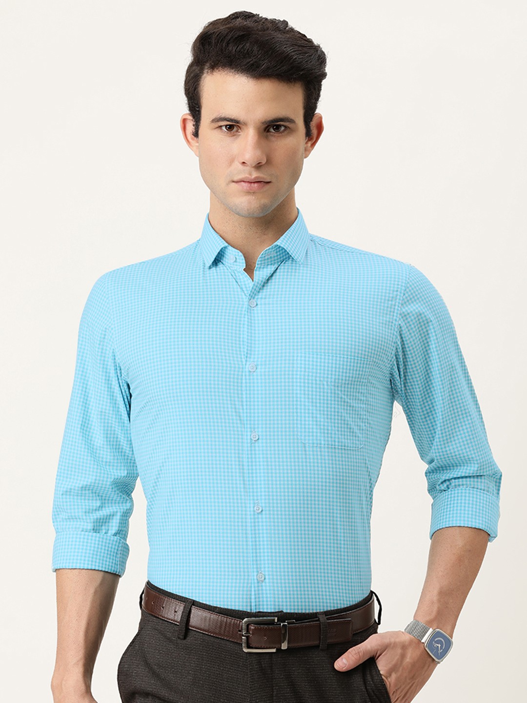 

Peter England Men Blue Slim Fit Opaque Checked Formal Shirt