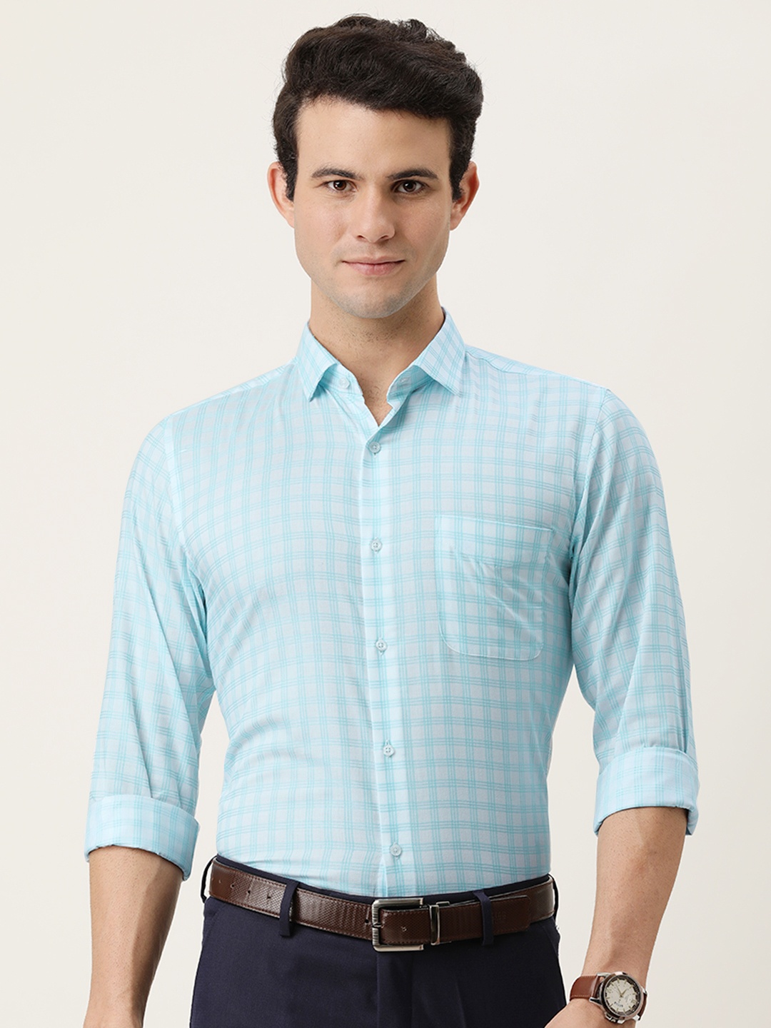

Peter England Men White & Blue Slim Fit Tartan Checked Formal Shirt