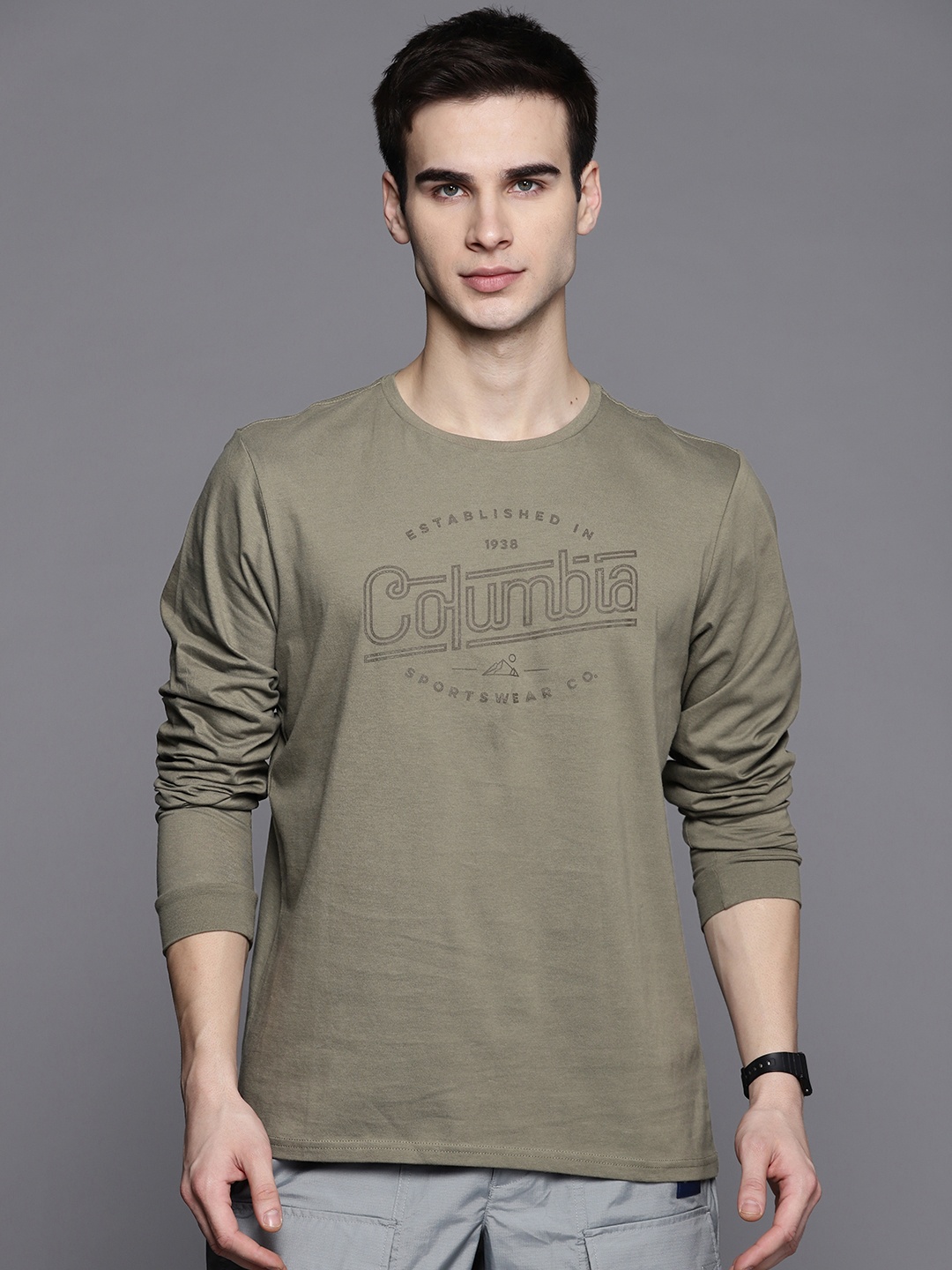 

Columbia Men Olive Green Brighton Woods Brand Logo Printed Slim Fit Hiking T-shirt