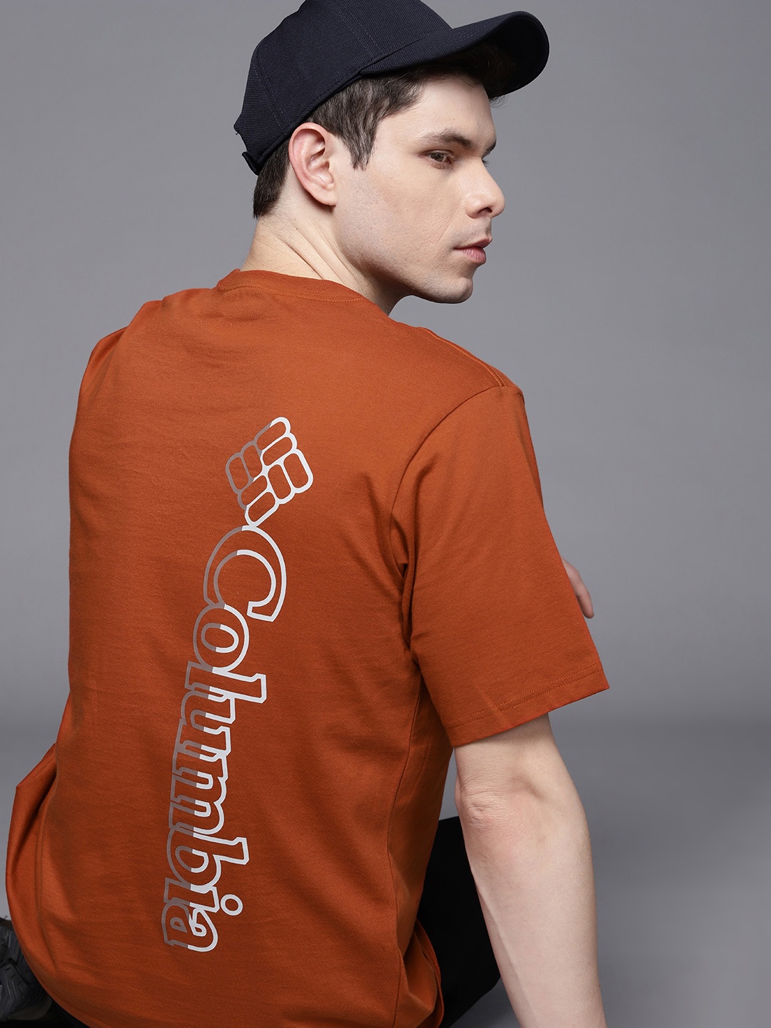 

Columbia Men Rust Red Cotton Brand Logo Printed Hiking T-shirt