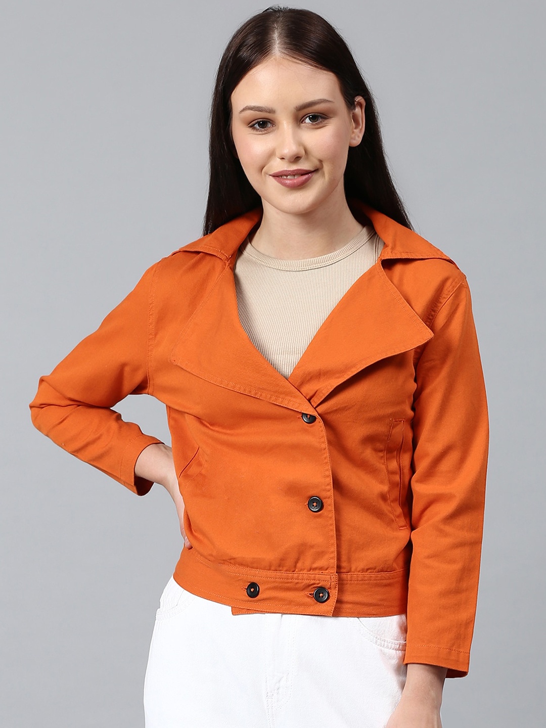 

Campus Sutra Women Orange Windcheater Crop Outdoor Tailored Jacket
