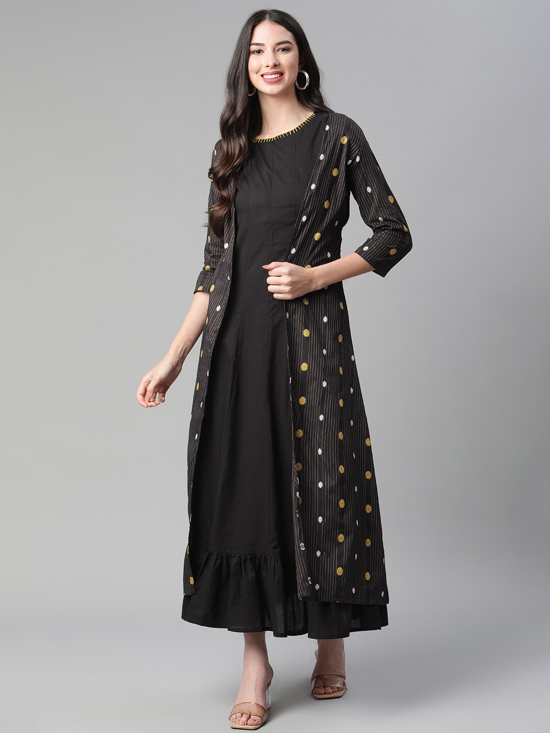 

Rangriti Black Layered Ethnic Style Cotton A-Line Maxi Dress