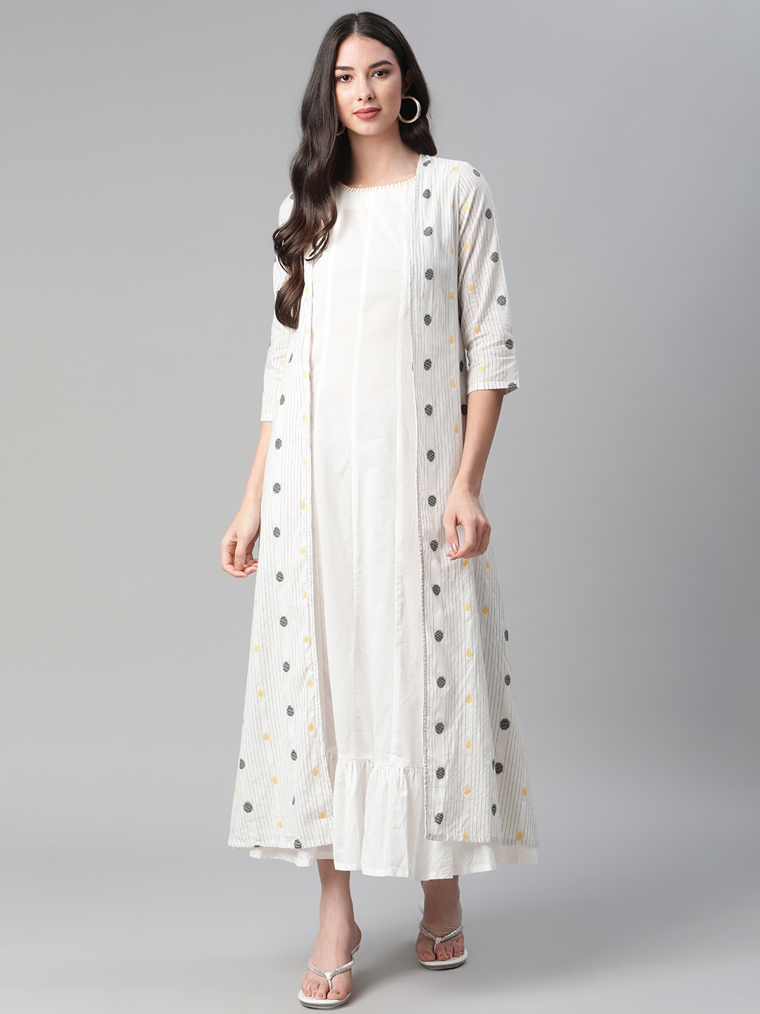 

Rangriti Off White Layered Ethnic Style Cotton A-Line Maxi Dress