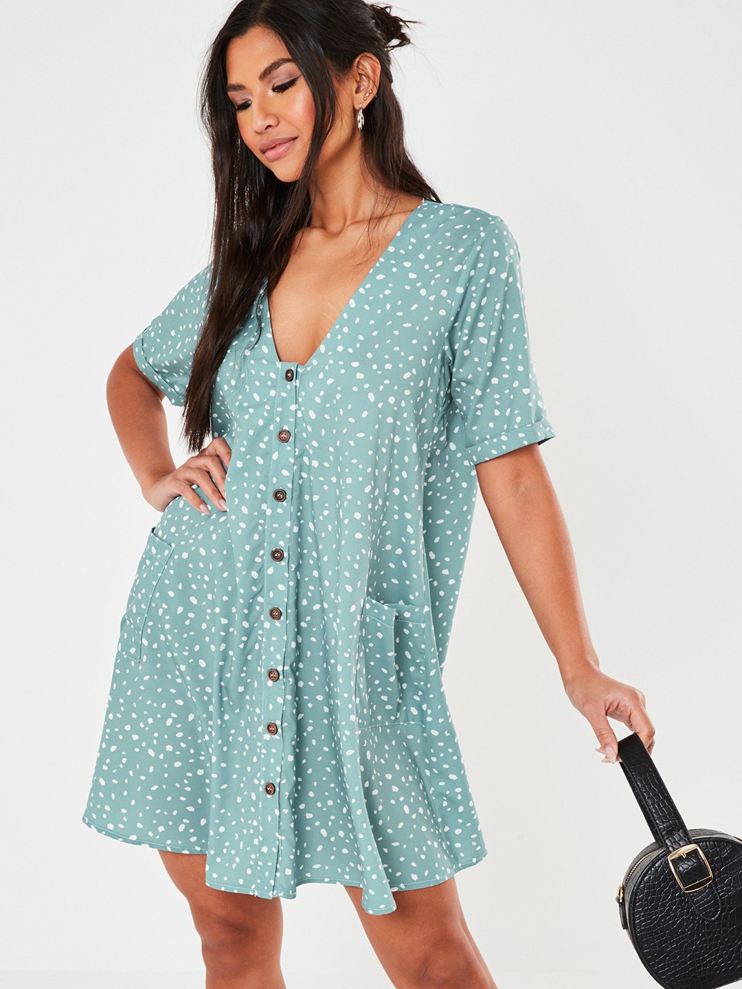

Missguided Green & White Printed A-Line Dress