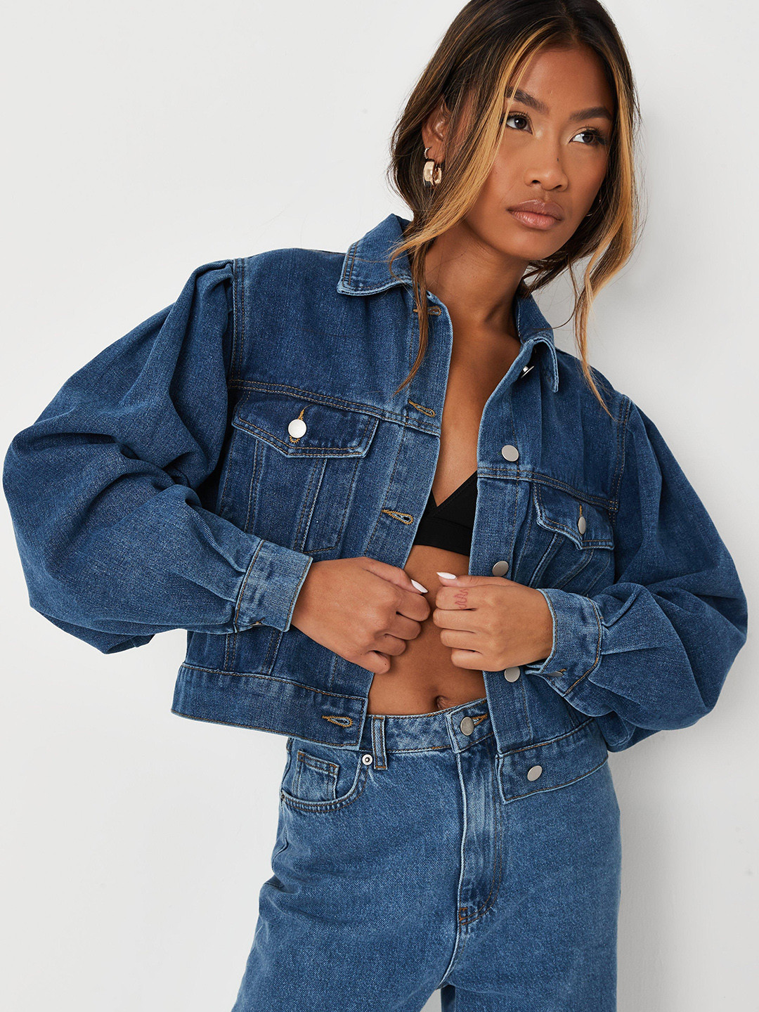 

Missguided Women Navy Blue Solid Denim Jacket