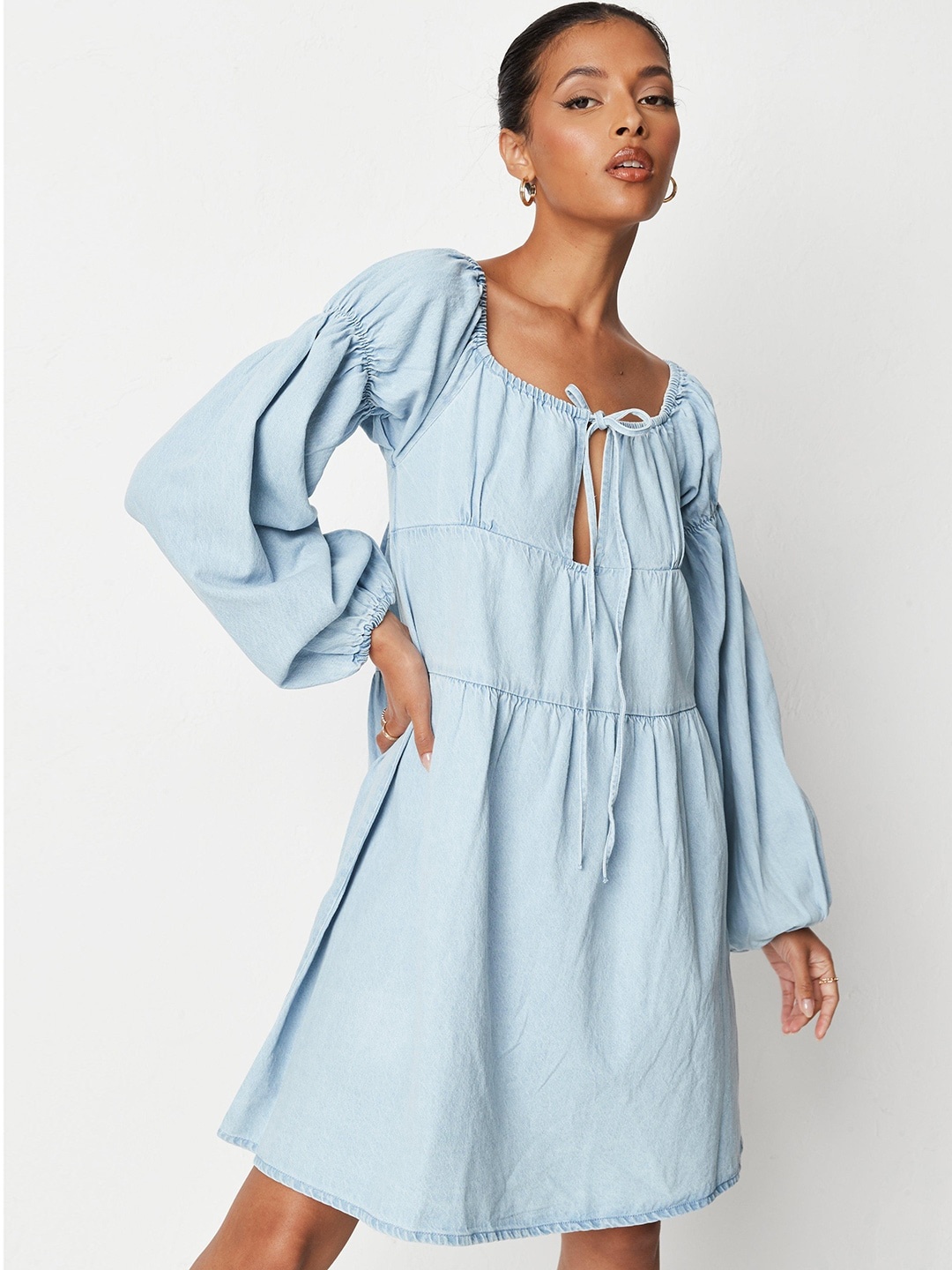 

Missguided Blue Pure Cotton Solid Tie-Up Neck A-Line Dress