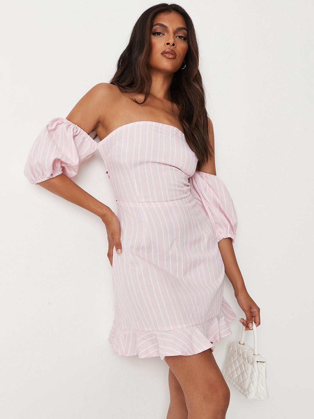 

Missguided Pink & White Striped Off-Shoulder A-Line Dress