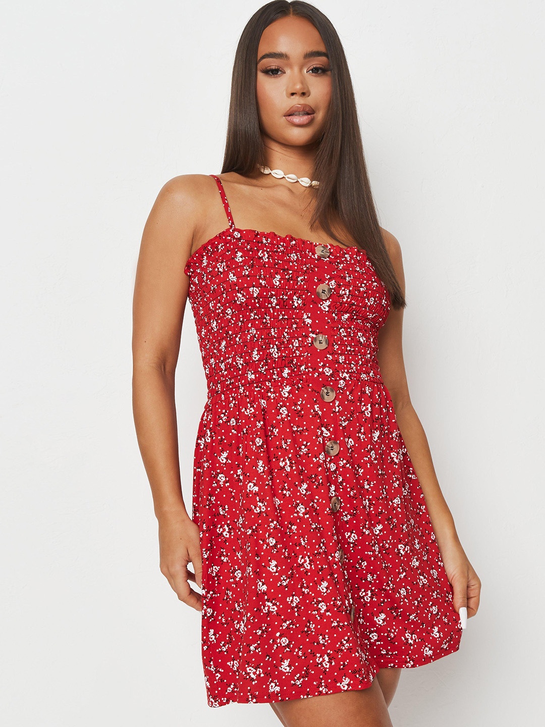 

Missguided Red & White Floral Printed A-Line Dress