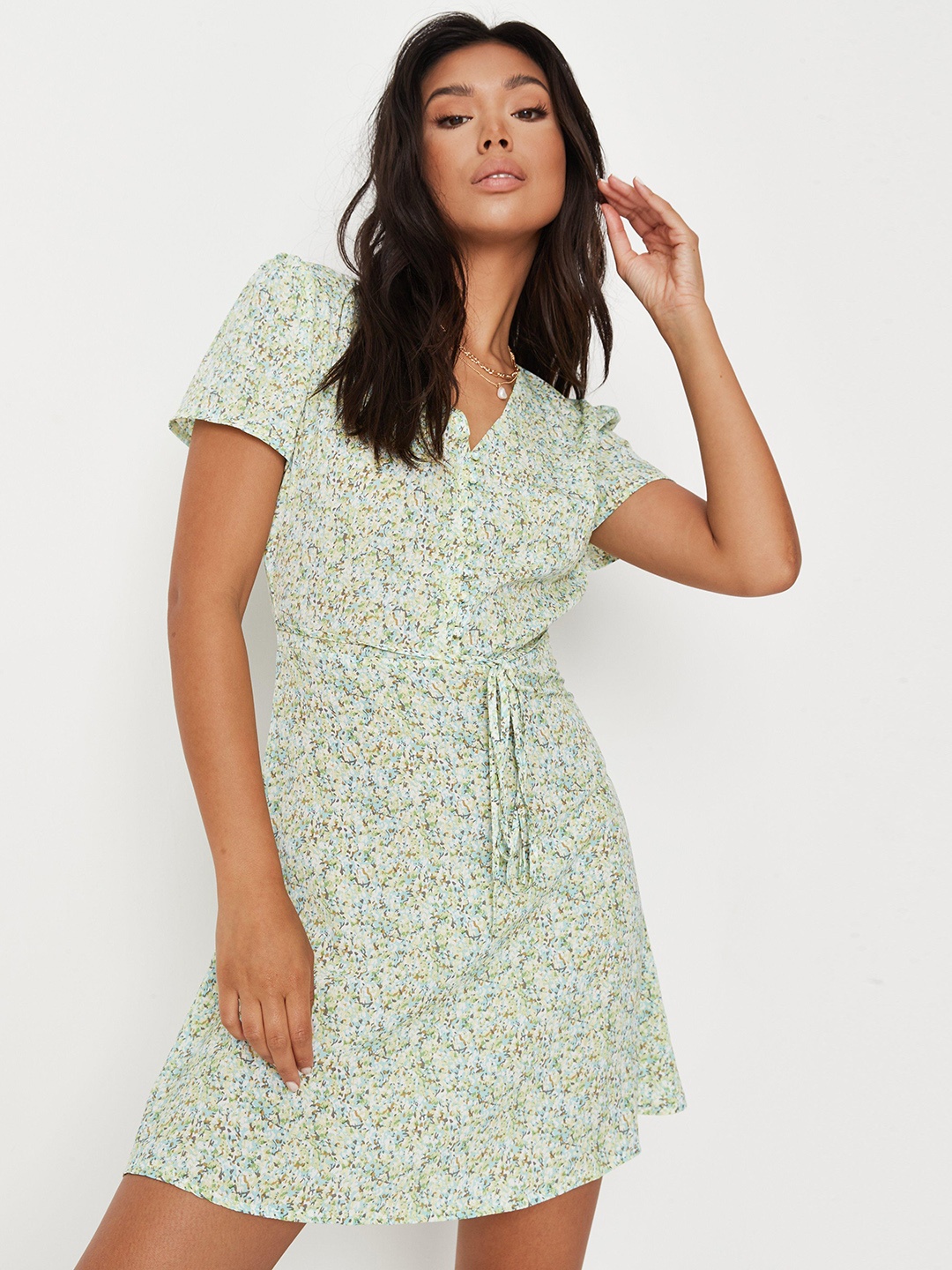 

Missguided Green Floral Printed A-Line Dress