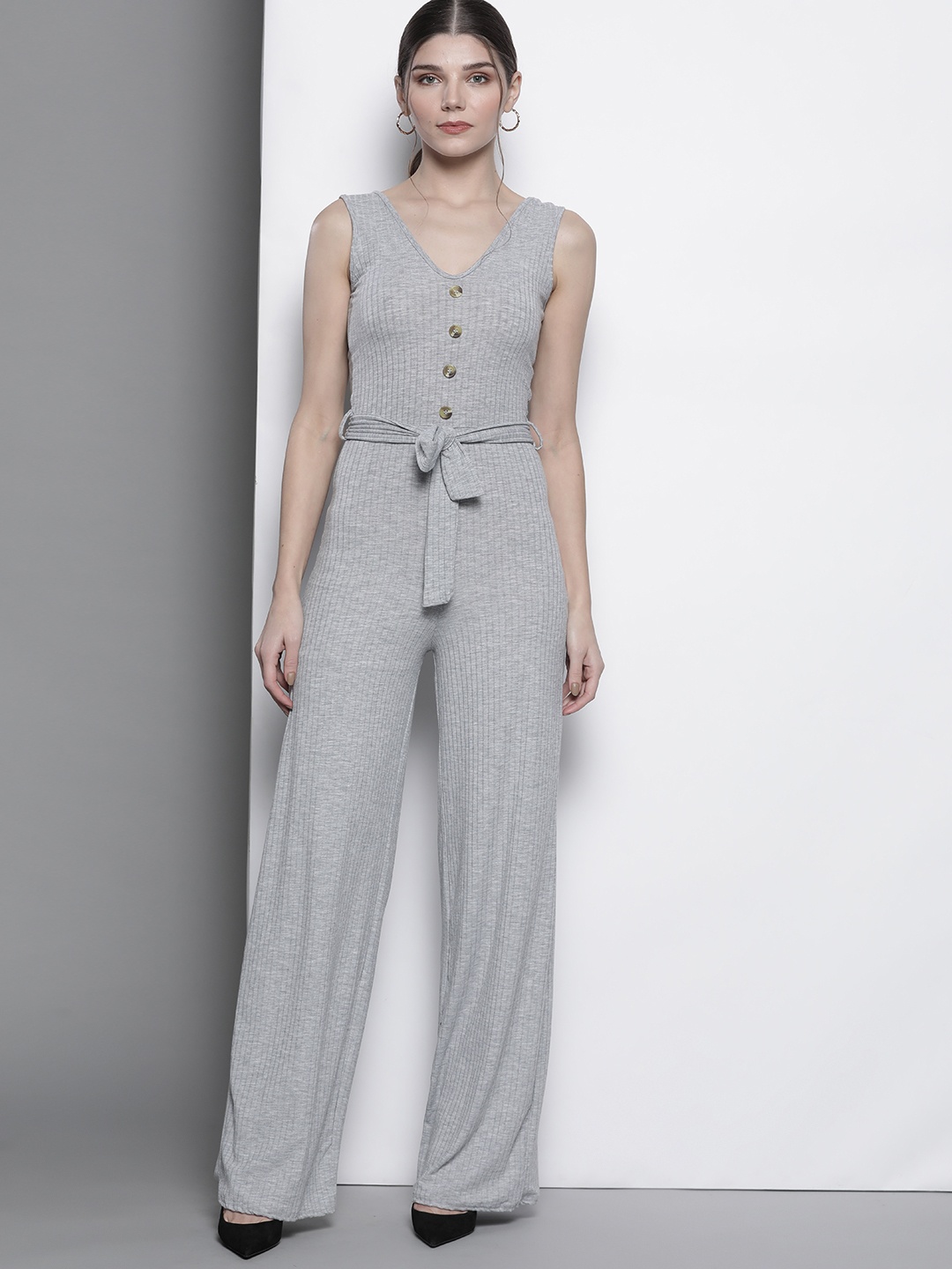 

Missguided Women Grey Melange Self Striped Jumpsuit with a Belt
