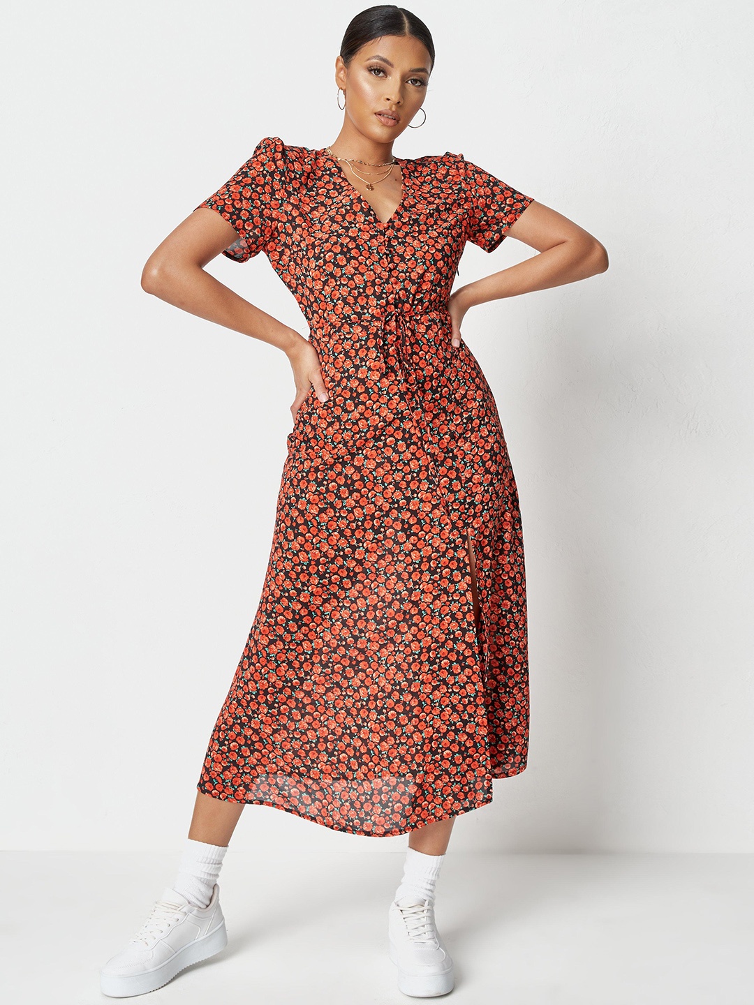 

Missguided Black & Orange Floral Printed A-Line Midi Dress