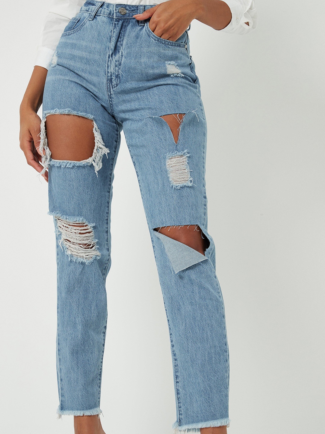 

Missguided Women Blue High-Rise Highly Distressed Pure Cotton Light Fade Jeans