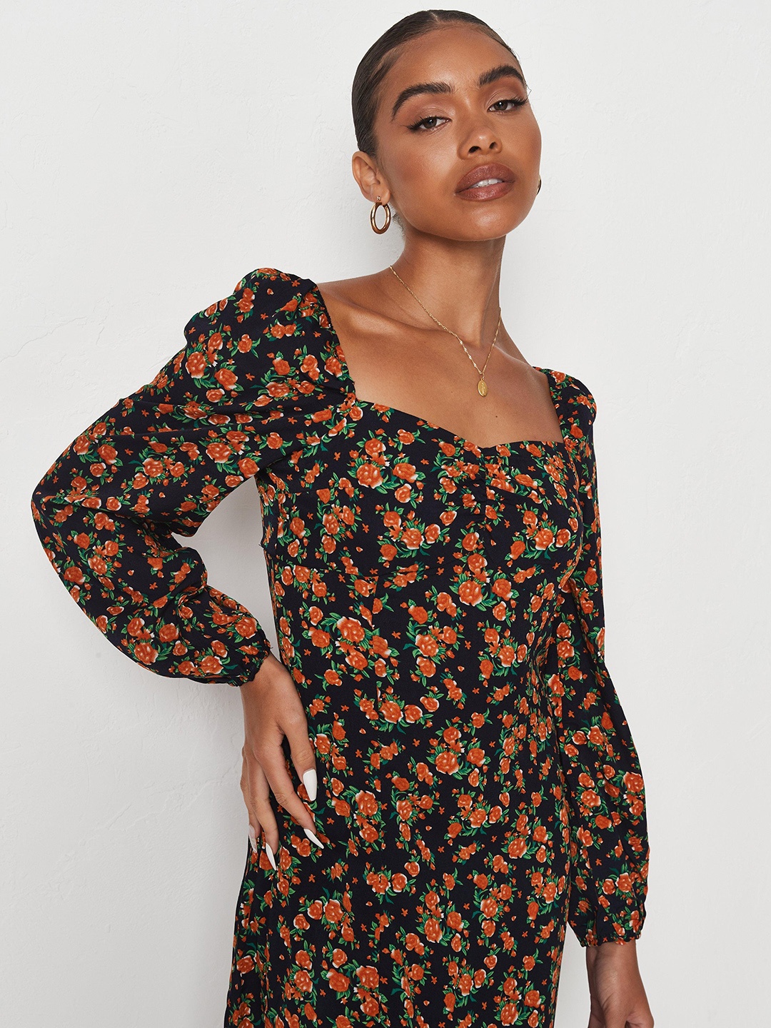

Missguided Navy Blue & Orange Floral Print A-Line Dress with High Slit