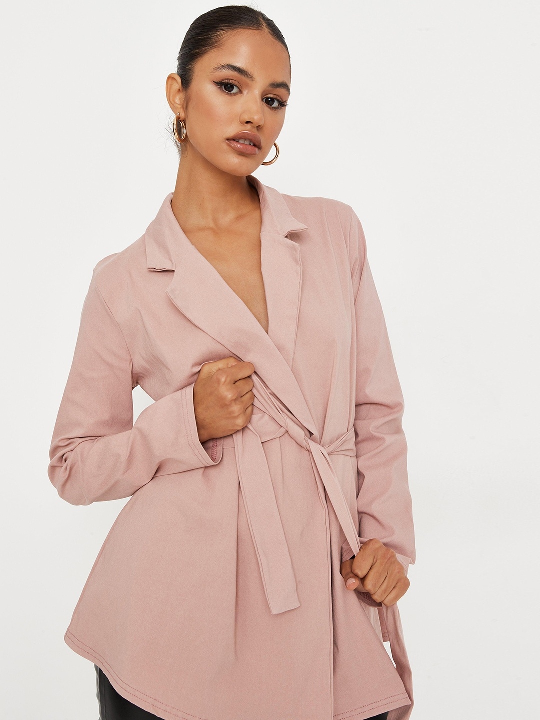 

Missguided Women Pink Solid Front-Open Blazer with Belt