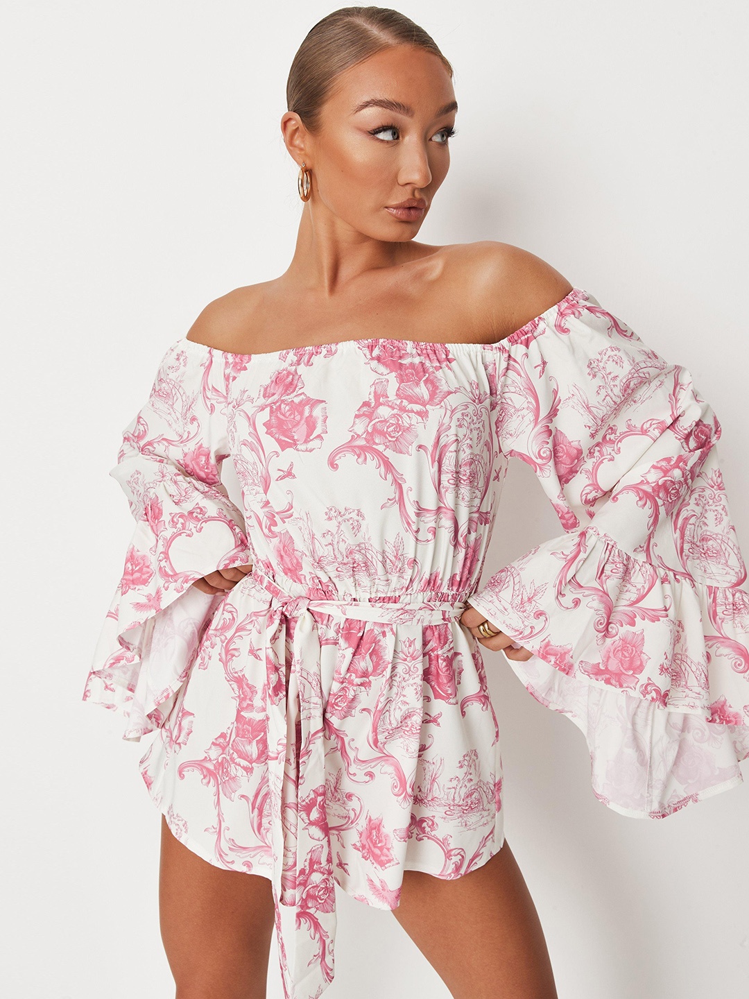

Missguided White & Pink Floral Printed Off-Shoulder A-Line Mini Dress