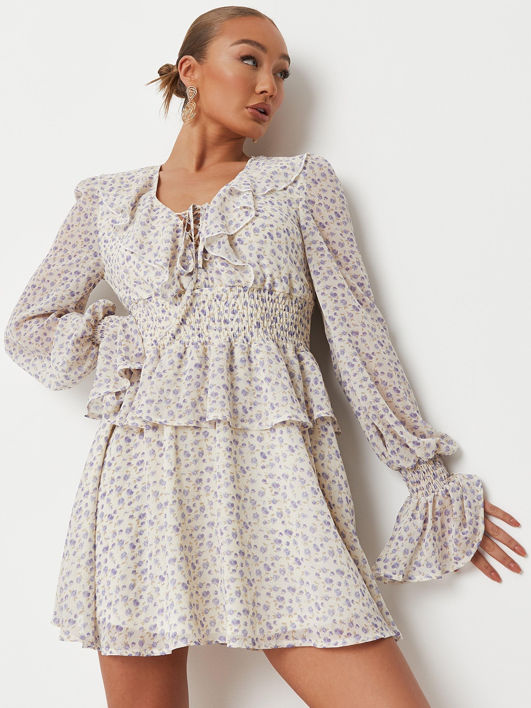 

Missguided Off-White & Purple Floral Printed Tie-Up Neck Ruffled Mini Dress