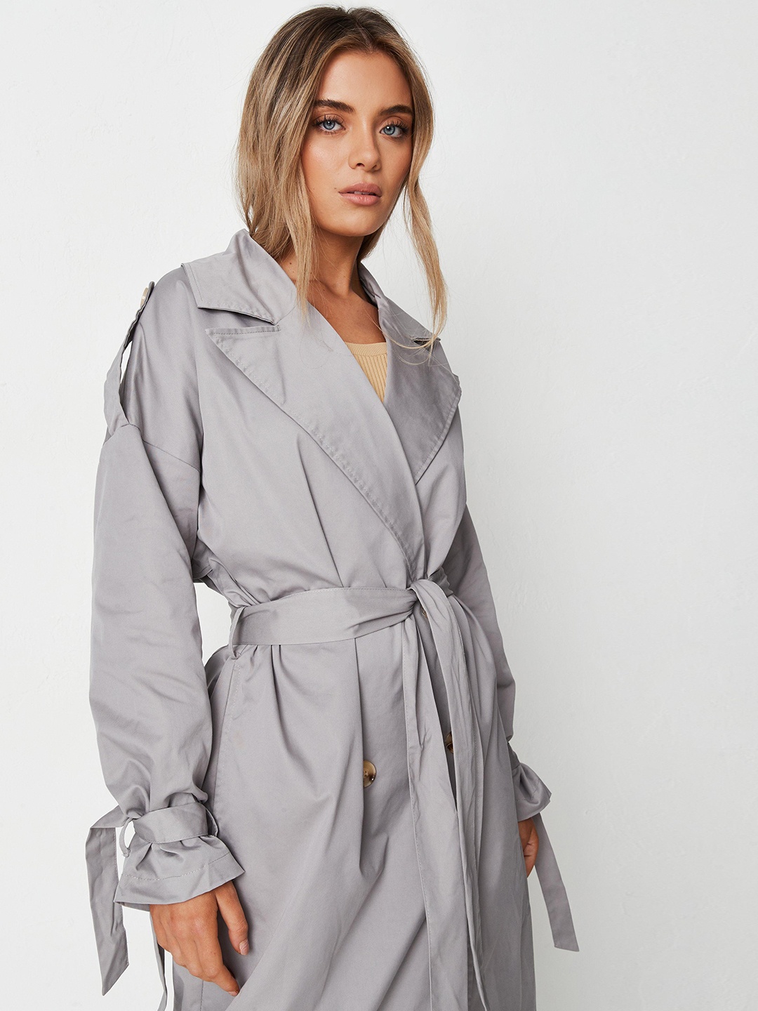 

Missguided Women Grey Solid Pure Cotton Longline Trench Coat with Belt