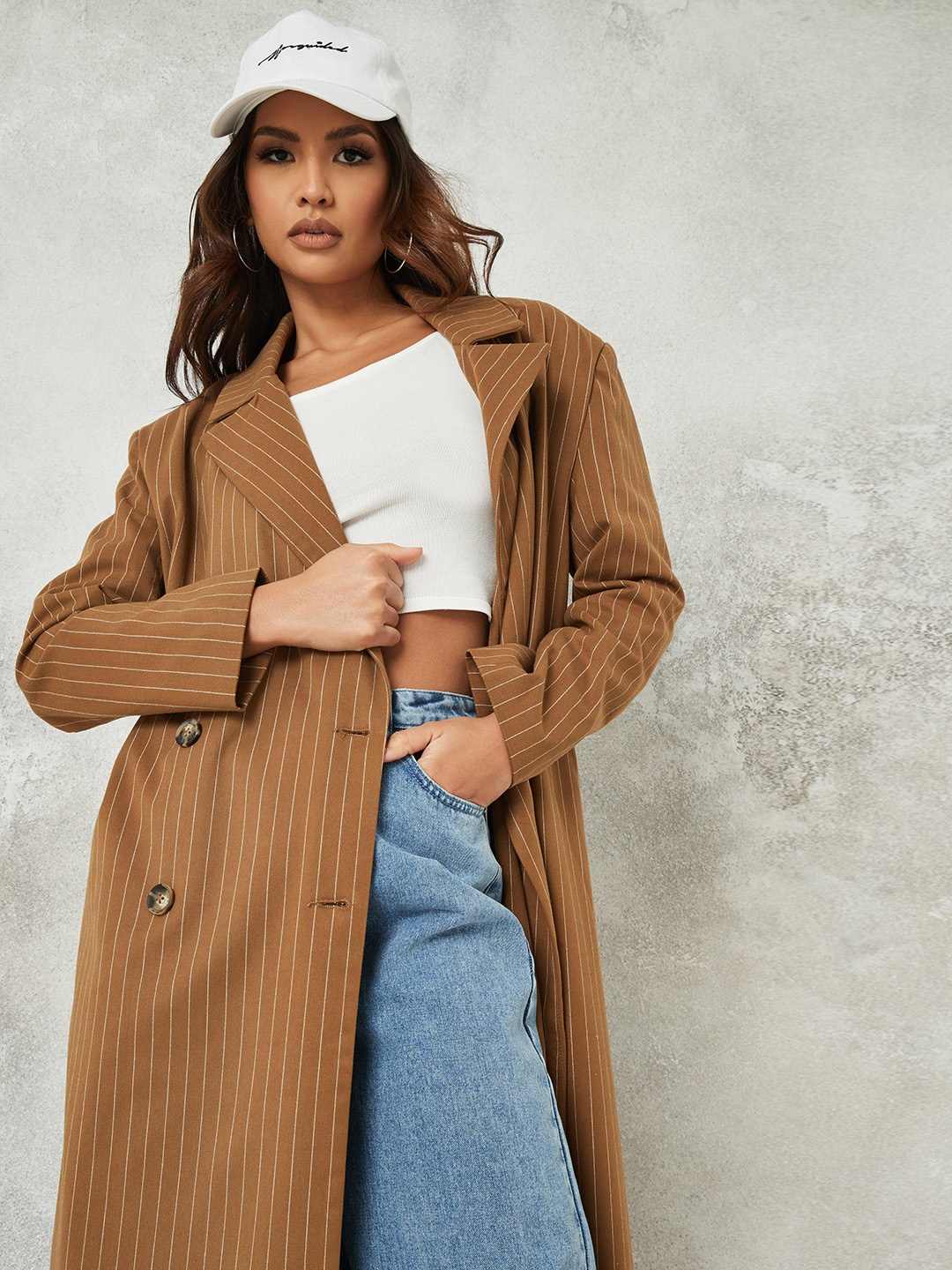 

Missguided Women Brown Striped Longline Over Coat