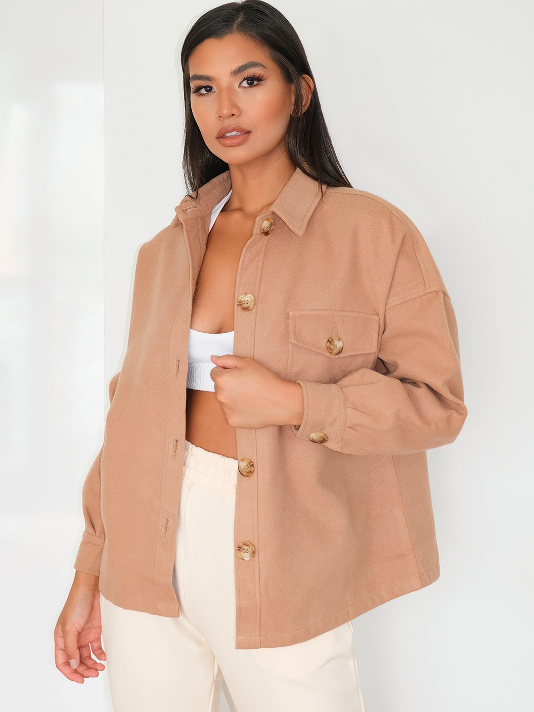 

Missguided Women Beige Solid Shacket
