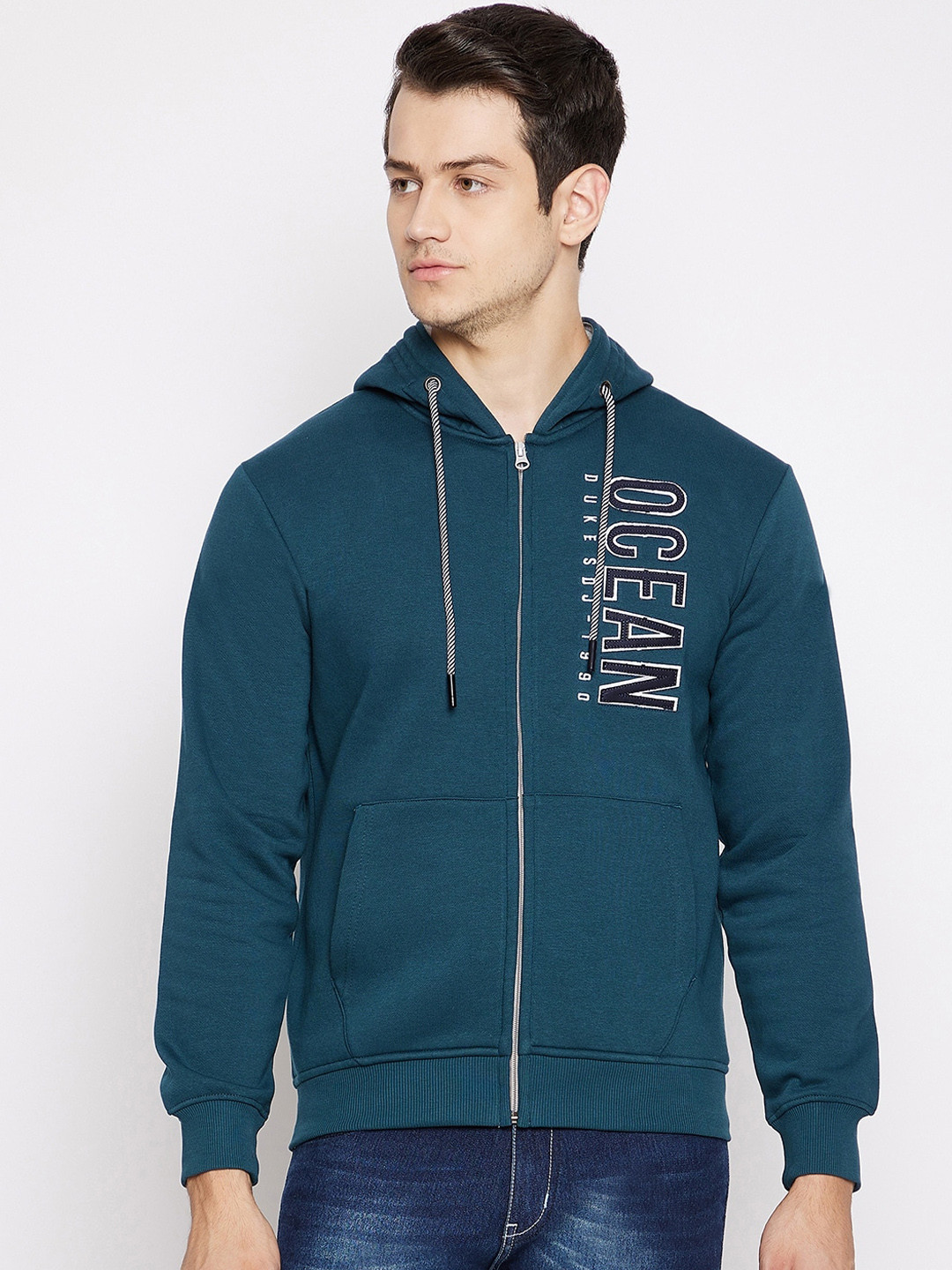 

Duke Men Teal Printed Hooded Sweatshirt