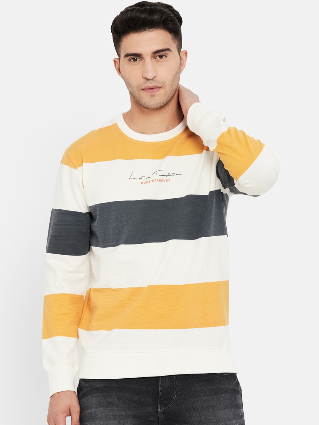 

Duke Men Yellow & White Striped Fleece Sweatshirt