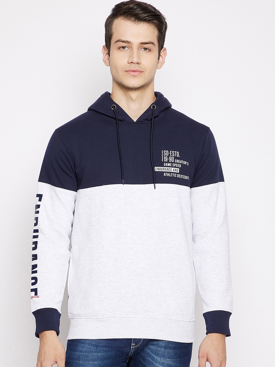 

Duke Men Blue Colourblocked Hooded Sweatshirt