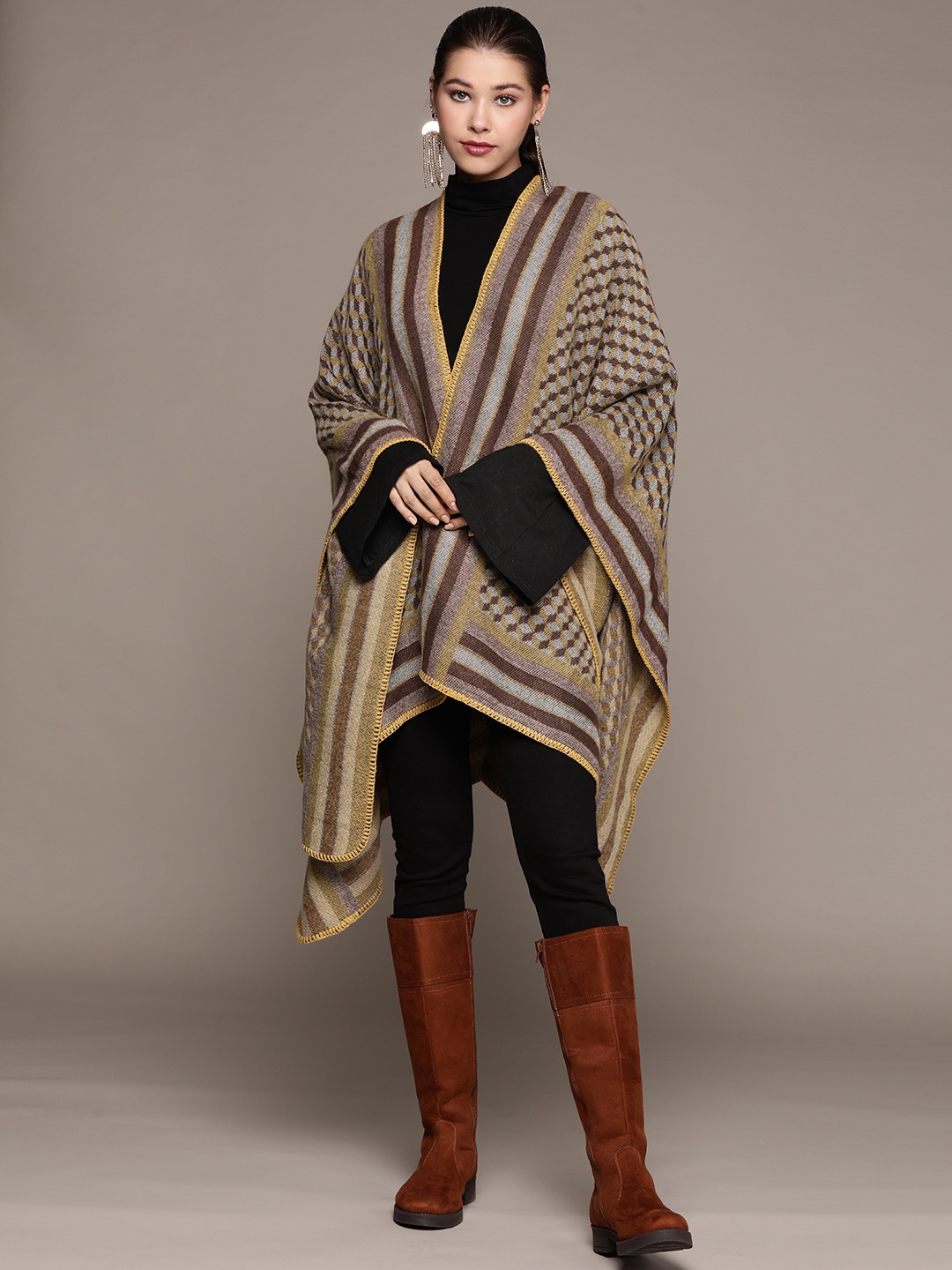 

aarke Ritu Kumar Women Grey & Brown Striped Longline Fusion Shrug