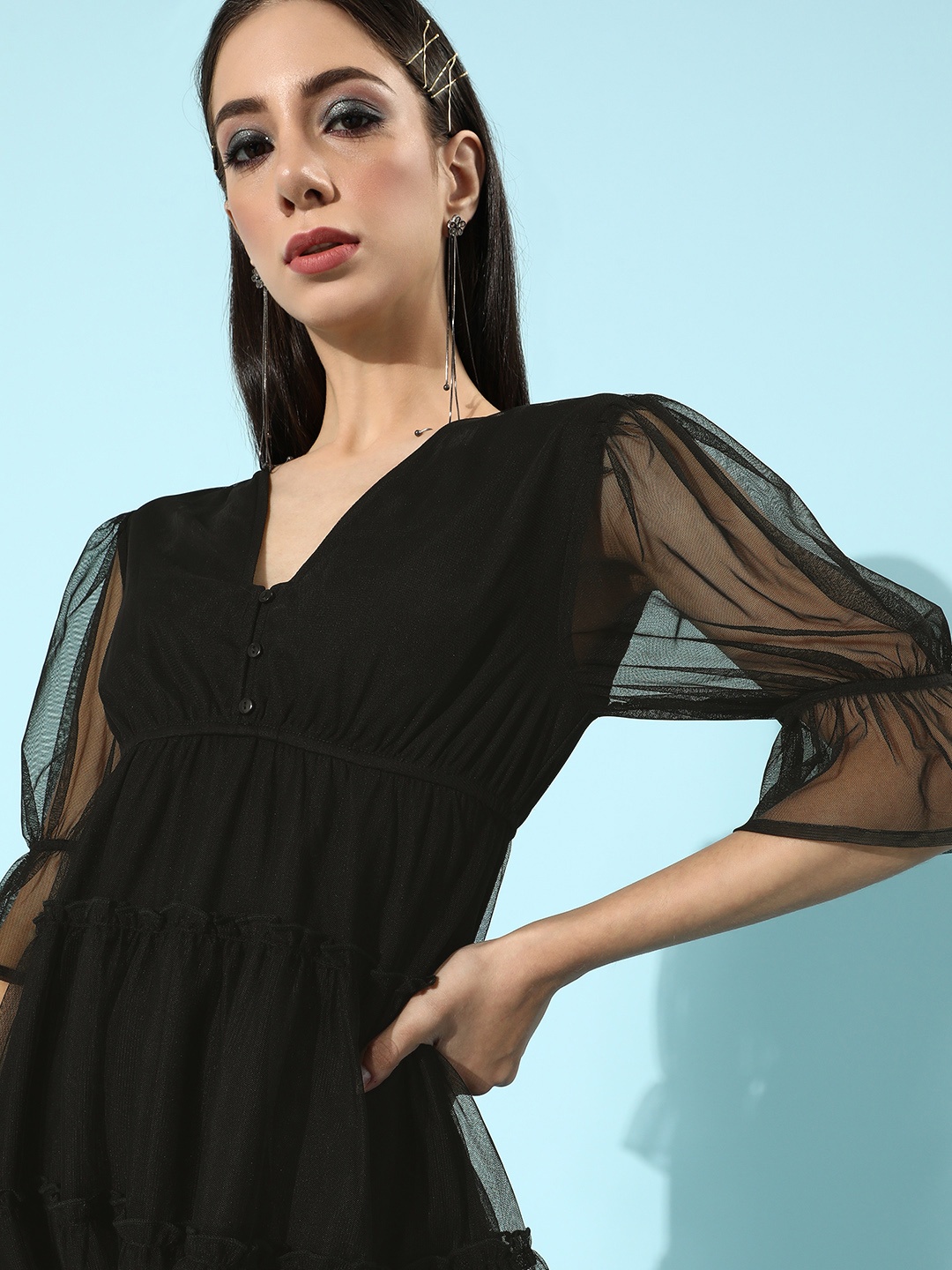 

ANI Women Black Semi Sheer Fit & Flare Mini Dress