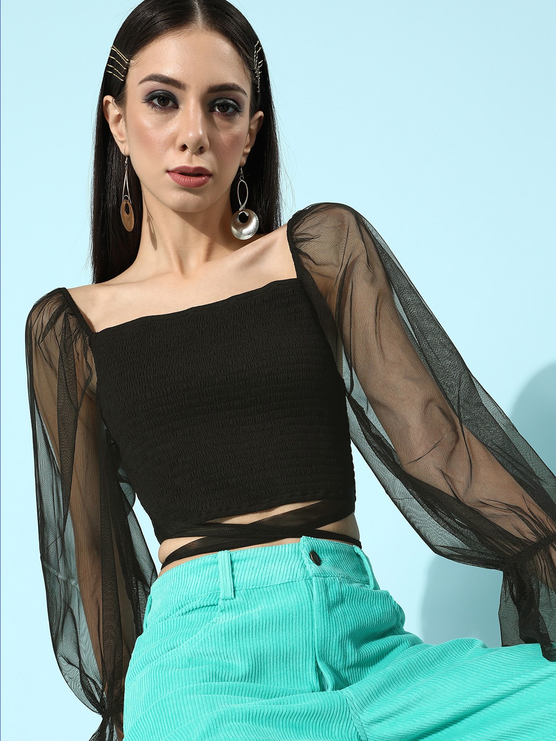 

EVERYDAY by ANI Black Bishop Sleeves Bardot Crop Top