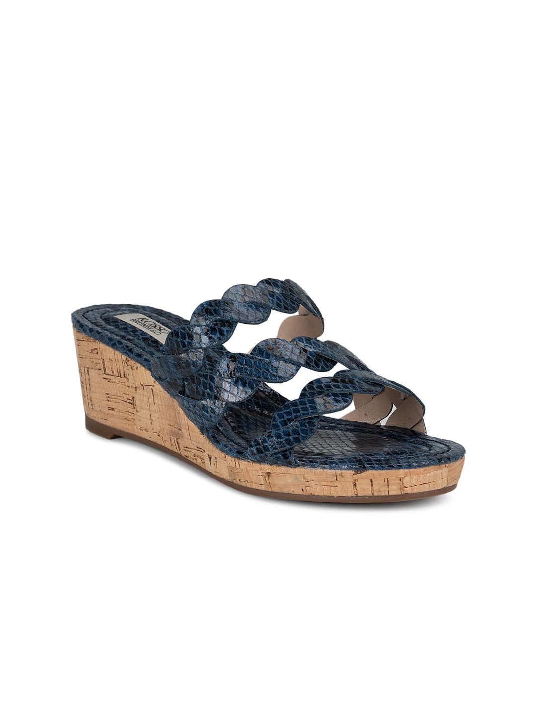 

ROSSO BRUNELLO Navy Blue Leather Wedge Sandals with Bows