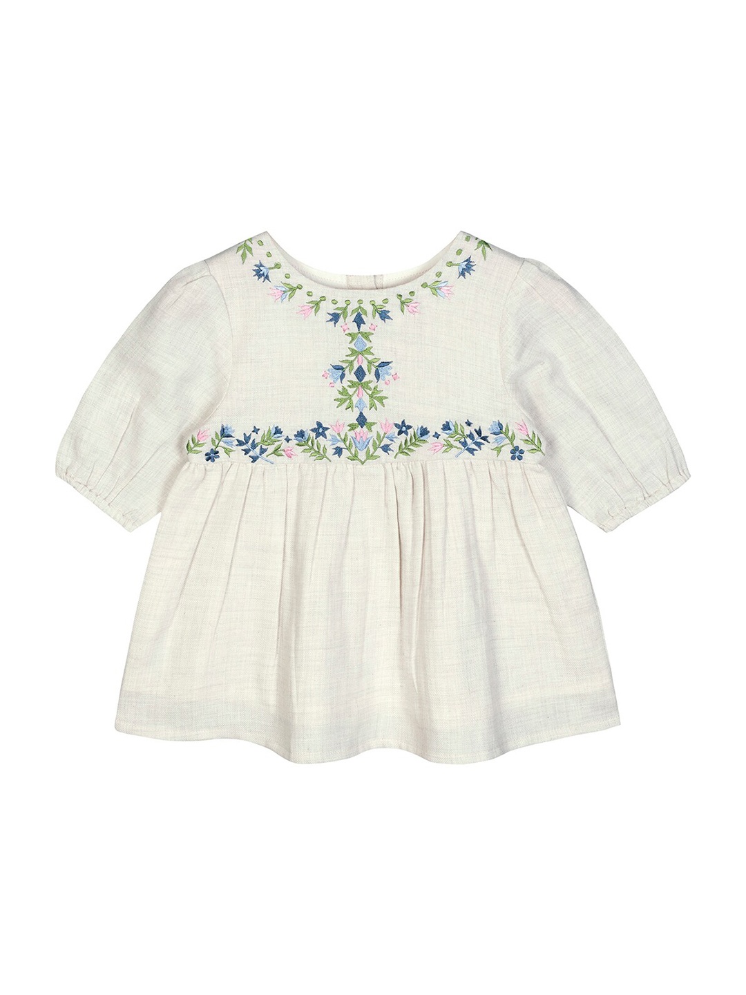 

Budding Bees Grey Melange Pure Cotton Floral Embroidered Cinched Waist Top