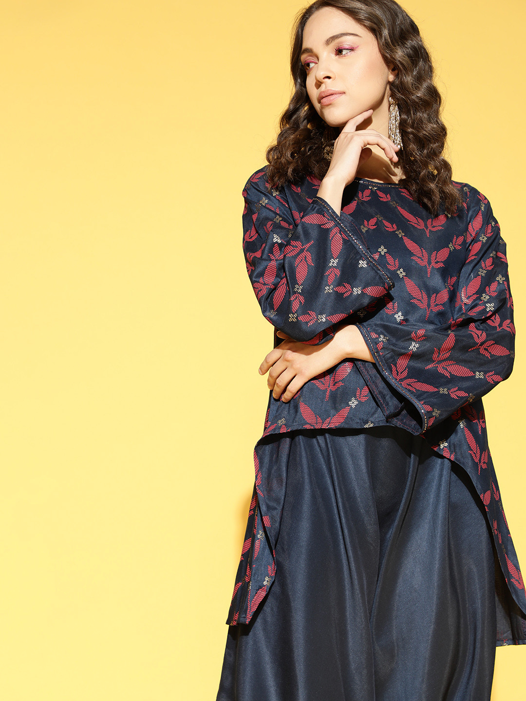 

Sangria Women Navy Blue & Maroon Ethnic Motifs Printed Regular Kurti with Dhoti Pants