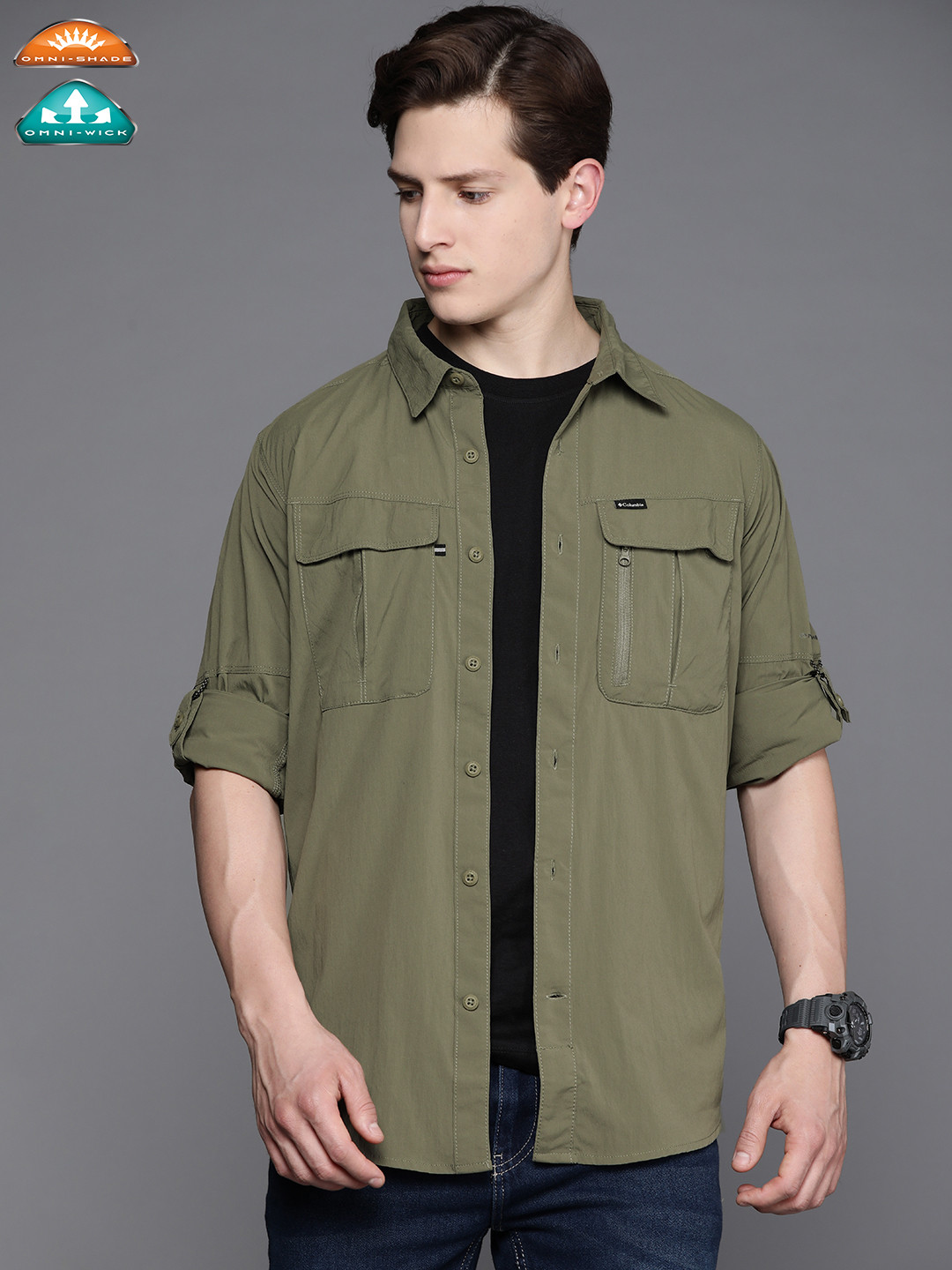 

Columbia Men Olive Green Tailored Fit Hiking Shirt with Omni-Wick & Omni-Shade Technology