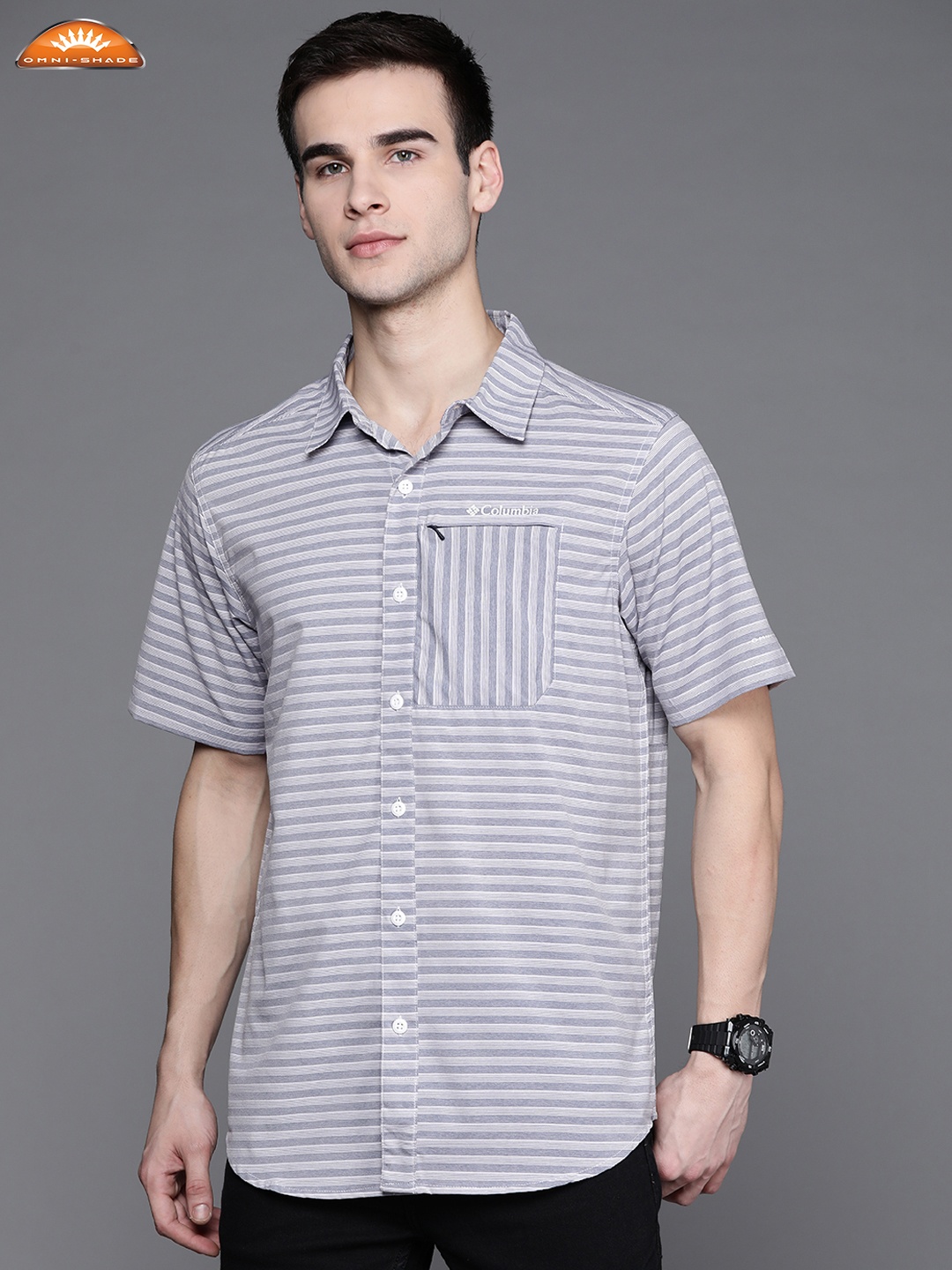 

Columbia Men Grey Slim Fit Horizontal Striped Omni-Shade Twisted Creek II Hiking Shirt